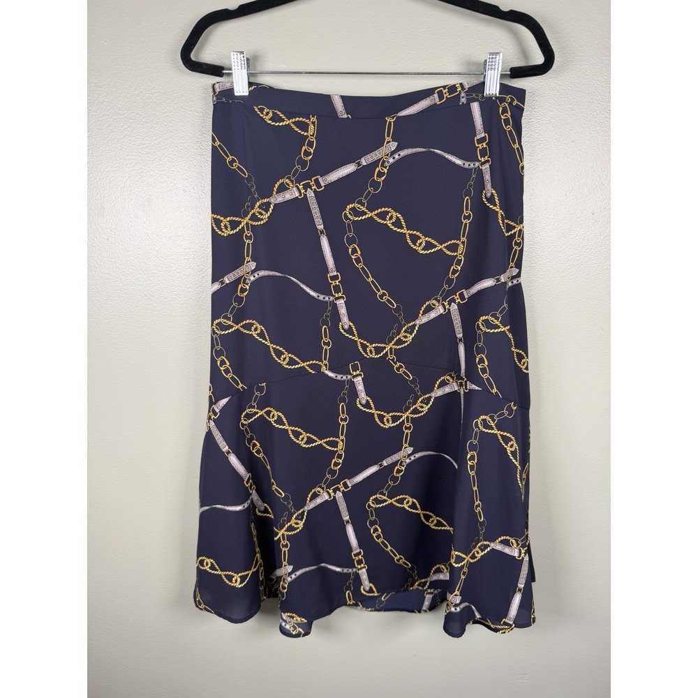 Banana Republic Chain Print Midi Skirt Size 10 Navy Gold Equestrian NWT Side Zip